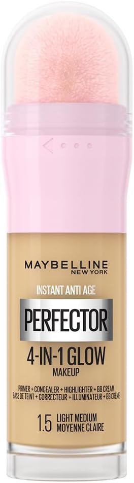 Maybelline New York Instant Anti Age Rewind Perfector, 4-In-1 Primer, Concealer, Highlighter, Self-Adjusting Shades, Evens Skin Tone with a Glow Finish, 1.5 Light Medium