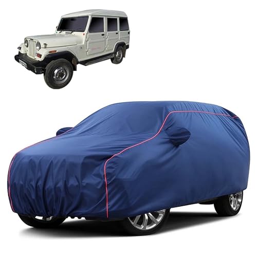 Image of Sulfar 100% Water Resistant Car Body Cover Compatible with Mirror for Mahindra Marshal (Triple Stitched, Full Bottom Elastic, Blue Taffeta with Red Piping)