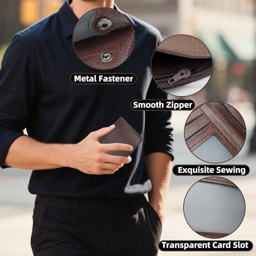 Wallet for Men, PU Leather Slim Wallet with Zipper Coin Pocket and Snap, Minimalist Mens Wallet with 5 Card Slots and ID Window (Black)3