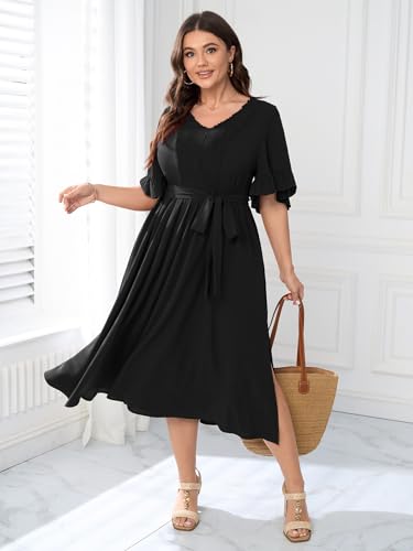 Image of SCOMCHIC Women's Plus Size Wedding Guest Dress Smocked V Neck Short Ruffle Sleeve Split Flowy Summer Cocktail Dresses