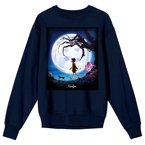 Bioworld Coraline Poster Art Adult Navy Crew Neck Long Sleeve Sweatshirt