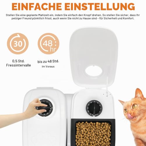 Idota Futterautomat für Katzen, Futterautomat Katze für 2 Mahlzeiten mit 48 Stunden Timer 700ml Automatisierte Futterspender für Katzen und kleine Hunde zum Nassfutter und Trockenfutter - Schwarz