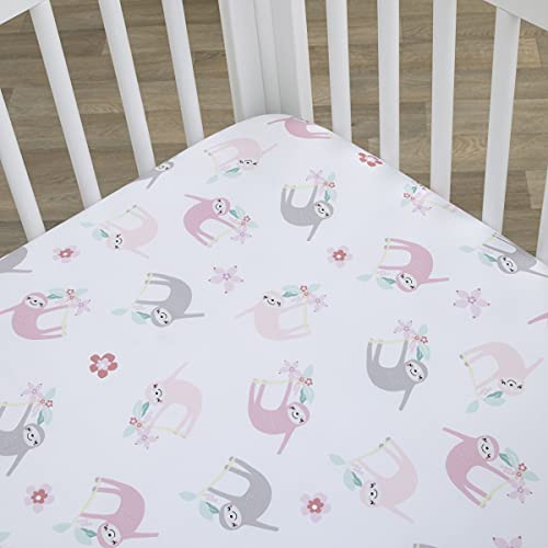 Image of Little Love by NoJo Tropical Garden Pink, Grey, and White Sloth Super Soft Fitted Crib Sheet