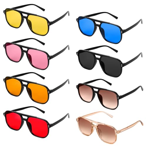 ISIUINN 8 Pieces Retro Square Aviator Sunglasses Women Men 70s Vintage Oversized Aviator Sunglasses Trendy Shades (Black+Orange+Red+Blue+Yellow+Transparent Tea+Pink+Brown)