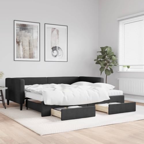 DJEKA Cama de día extensible 90 x 200 cm con cajones, cama juvenil de 90 x 200 cm, cama con cama nido negro, 2 camas de día de 90 x 200 cm, extensible, de madera, sofá cama de tela