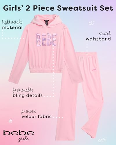 bebe Girls' Sweatsuit - 2 Piece Ribbed Velour Hoodie Sweatshirt and Open Bottom Sweatpants - Smock Waist Tracksuit Set (7-12)2