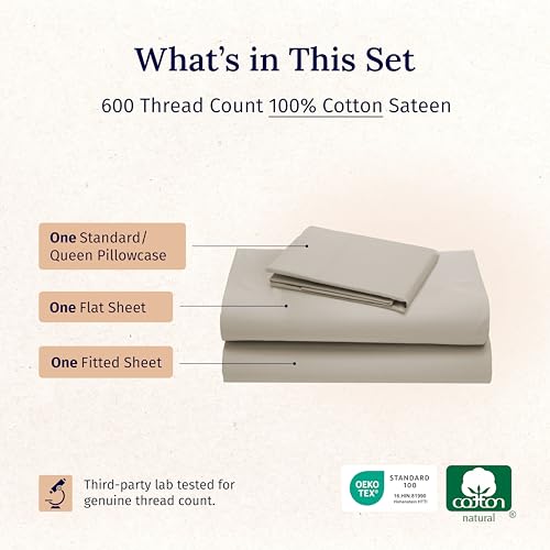 California Design Den Twin XL Sheets Set - Luxury 600 Thread Count Sateen, Natural 100% Cotton Bed Sheets Twin XL, Fully Elasticized Deep Pockets, Cool and Durable Bedding for Dorm Room - Soft Linen