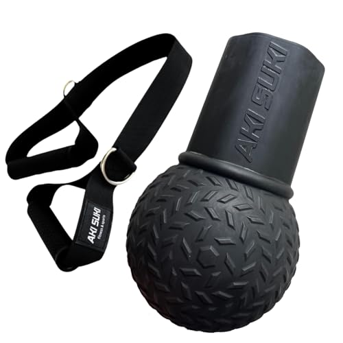 Aki Suki Landmine Attachment for Barbell with Portable Strap Handle Accessory Barbell Ball for Press Row Spin Split Squats Durable Rubber Landmine Bomb Attachment Fits 2 Inch Olympic Bars