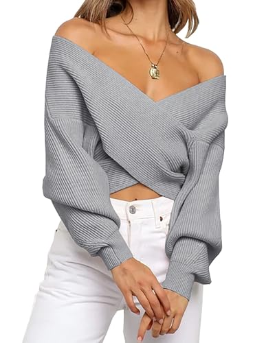 Women Casual V Neck Long Sleeve Sweaters Cross Wrap Off Shoulder Asymmetric Hem Knitted Crop Sweater