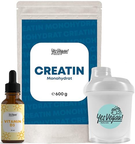 Creatin Monohydrat Pulver (600g) inkl. Shaker und Vitamin D3 Tropfen (Jahresvorrat) - Alternative zu Creatin Monohydrat Kapseln & Creapure - Kreatin Pulver vom Markenhersteller