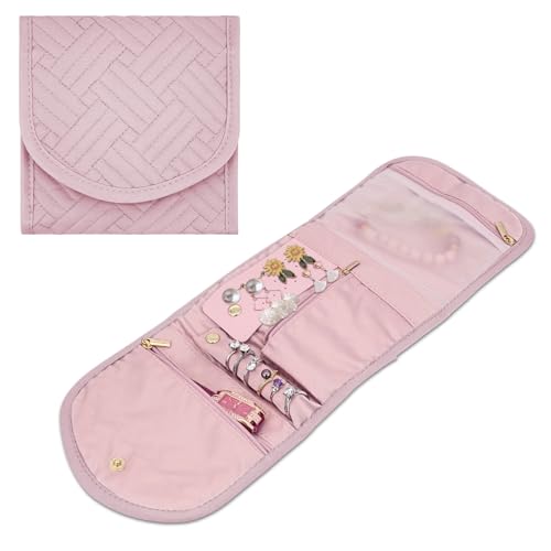 AfitLulu Joyero Mujer Bolsa Organizadora de Joyas, Portátil Joyero Viaje Plegable para Niñas y Mujeres, Bolsa de Almacenamiento de Joyas para Anillos, Pendientes, Collares, Pulseras (Rosa)