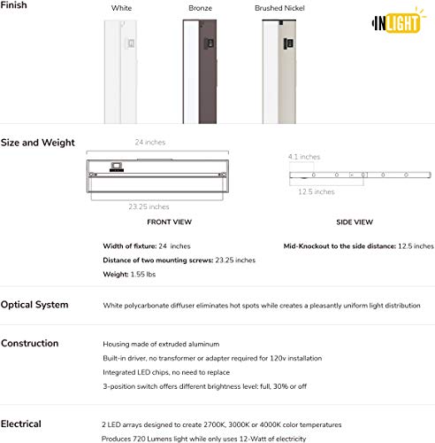 Image of GETINLIGHT 24-Inch Linkable 3CCT LED Under Cabinet Light, Hardwired /Plug-in