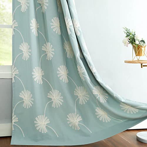 VOGOL Floral Pattern Embroidered Elegant Faux Linen Grommet Curtains/Thermal Insulated 60% Blackout/Heavy Drapes for Bedroom/Living Room,Energy Efficient Window Treatment Panels,52 x 84 Inch