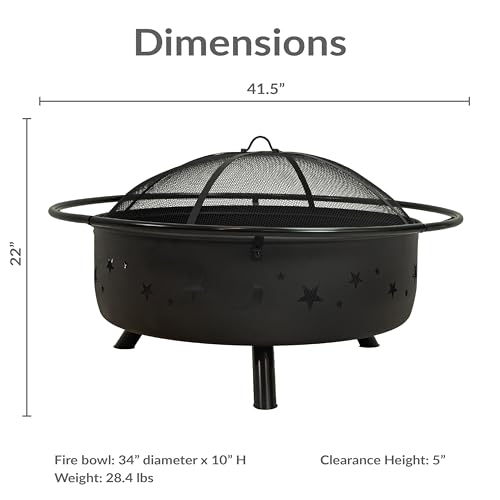 Image of Sunnydaze Cosmic 42-Inch Large Outdoor Fire Pit - Wood-Burning Firepit for Outside Patio, Backyard, Deck - Steel - Wood Grate, Spark Screen, and Fireplace Poker Included - Black - 34 inch Bowl Diameter