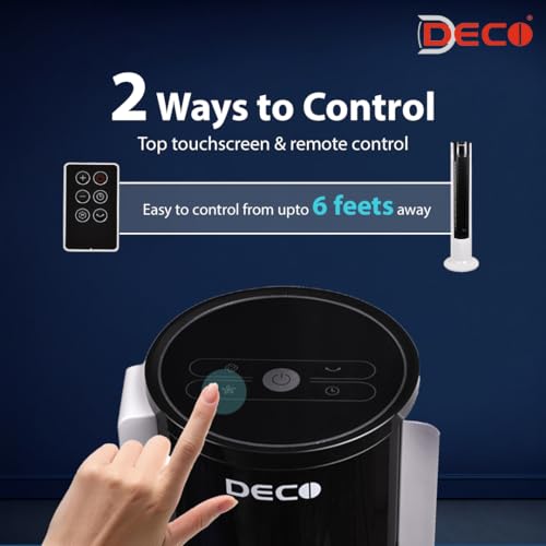 Image of DECO Majesty Indoor Tower Fan with Touch Remote (Black and White, 40 W) | 3 Wind Modes, 3 Speed Settings | Internal Oscillation, Large