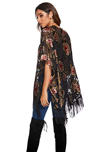 Image of MJ SERECA Women's Burnout Velvet Kimono Cardigan Cover Up with Tassel