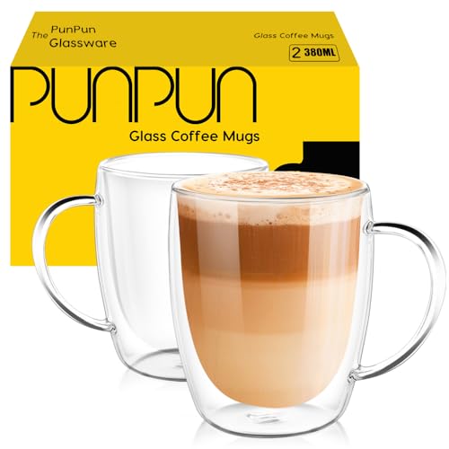 PunPun Klare Kaffeetassen 2Er-Set, Glas Für Kaffee, Doppelwandige Isolierglasbecher Mit Großem Griff, Klare Tassen Je 12,9 Unzen, 380 Ml …