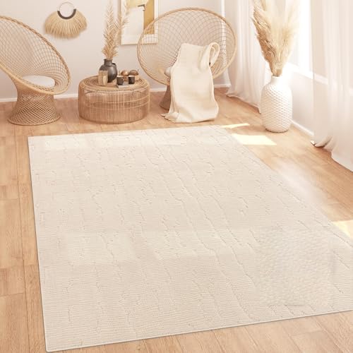 Paco Home Tapis Salon Chambre Poils-Hauts Design Scandinave Uni Style Boho Abstrait 3D Moelleux Lavable Décoration Crème, Dimension:160x220 cm