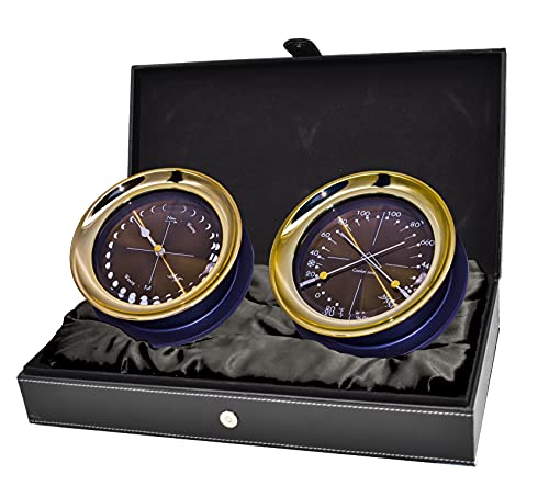 MASTER-MARINER Halo Collection Gift Set, 5.85” Diameter Moonphase Clock and Comfort Meter Instruments, Gold and Black Two Tone Finish, Midnight Gold dial