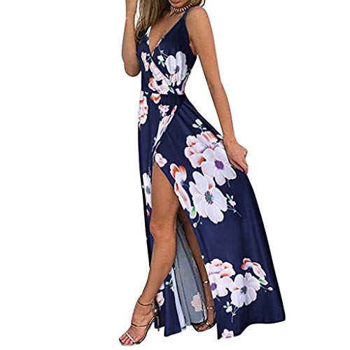 Women's Summer Dresses, Floral Boho Spaghetti Strap Button Down Swing Midi Beach Dress with Pockets Summer Dresses Blue