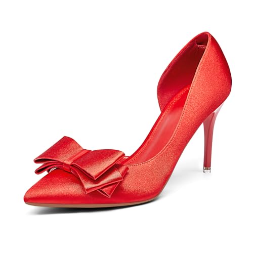 Image of Womens Bow Heels Closed Pointed Toe Dress Shoes Stiletto Slip on Wedding Pumps