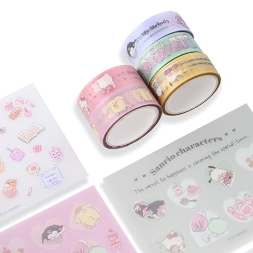 Image of GASHINA STORY Masking Tape & Stickers Set - 5 Pcs for Crafts & Decor - Twinkle Pearl Design - Cute Kawaii Masking Tape Bulk - for Diary /Journal /Planners - Gift Box (San-Rio Characters)
