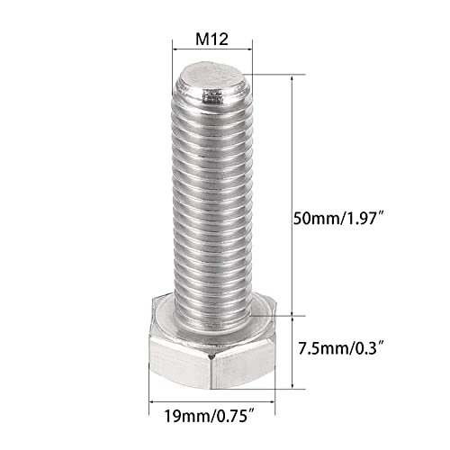 Image of 5 Pcs M12 Hex Bolt M12-1.75 x 50mm UNC Hex Head Screw Bolts A2-70(304) Stainless Steel Fully Threaded Hex Tap Bolts (304 ss;M12 x 50mm)