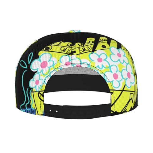 Smiling Face Graffiti Fashion Flat Brim Baseball Cap â€“ Stylish Unisex Cap with All-Over Print Design â€“ Breathable Lightweight Hat for Daily Wear, Outdoor Activities, and Travel Black4