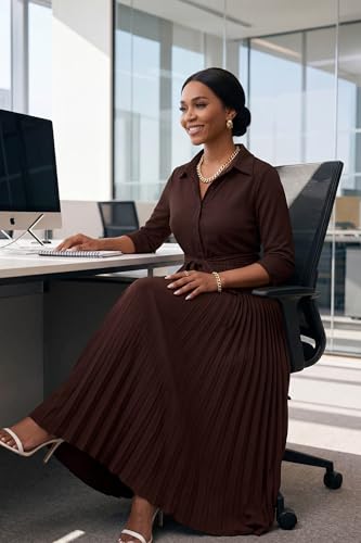 Image of Runwind Maxi Dresses for Women, 3 /4 Sleeve Botton Down Pleated Long Dress with Belt Casual Church Dress with Pockets