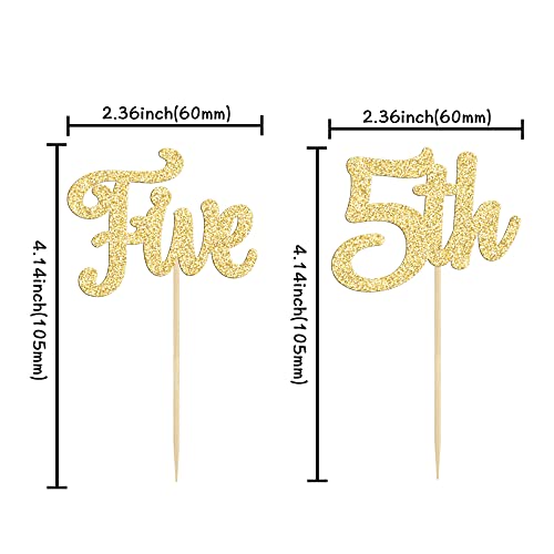 Gyufise 24Pcs 5th Birthday Cupcake Toppers Glitter Cheer to 5 Years Old Fifth Birthday Five Cupcake Picks for Baby Shower 5th Birthday Party Cake Decorations Supplies Gold (UKZN0603-5-G)