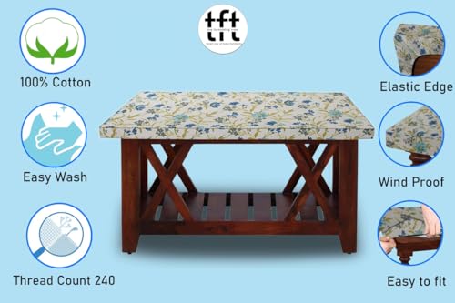 Image of The Furnishing Tree Elastic Cotton Square Center Table Cover 26x26 in Inches Floral Blue Leaf on offwhite Base
