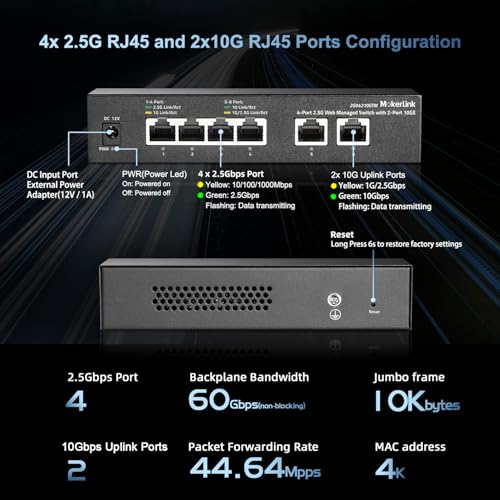 Image of MokerLink 10G Easy Web Managed Switch, 4x2.5G, 2x10G RJ-45 Base-T Ports, Support LACP /VLAN /QOS /IGMP, Metal Web Managed Fanless Network Switch