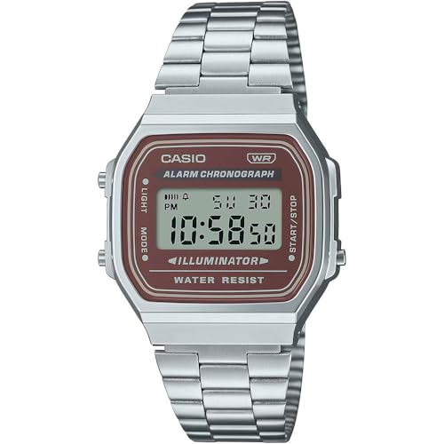 Casio Retro Vintage - Unisex Quartz Watch Casual Stainless Steel Bracelet Grey Resin Case with Red Analogue Display - A168WA-5A
