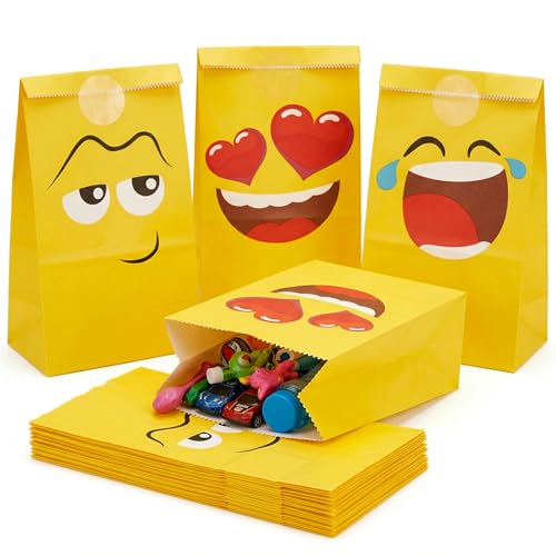 VGOODALL 24 Pack Funny Face Party Favor Bags with Stickers - 8.7"x4.7"x3.1" Yellow Expression Goodie Bags, Vibrant Cartoon Graphic for Kids Birthday, School Rewards & Gift Packaging