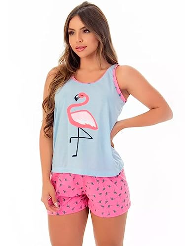 Baby Doll Regata Feminino Pijama Short Adulto Estampa Personagem Malha Curto Verão Flamingo Azul M