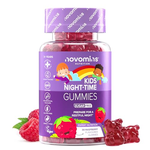 Gominolas para Dormir Niños - Alternativa a la Melatonina Gominolas - Magnesio, Vitamina B12, B6, L Teanina y Extracto de Manzanilla - Favorece el Sueño - 30 Gummies con Magnesio para Niños - Novomins