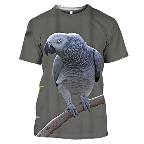 T-shirt perroquet gris imprimé 3D col rond Harajuku en taille S