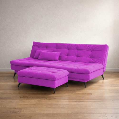 Image of Krancy Solid Wood 3 Seater Sofa Cum Bed with Ottomon | Convertible Wooden Couch for Living Room, Home & Office | Modern Designer Furniture | 1 Year Warranty | Pink Color