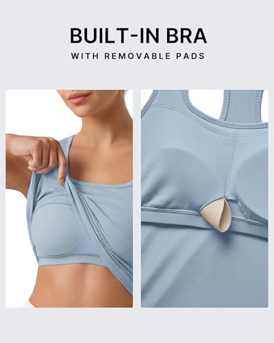 Image of G4Free Ribbed Removable Built in Bra Workout Tank Tops Woman Racerback Square Neck Yoga Top Lightweight Athletic Tanks