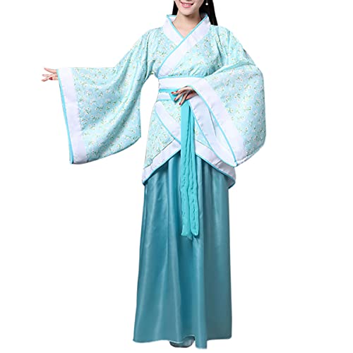 QYUU Women's Chinese Hanfu Dress Ancient Traditional Costume Outfit Stage Performance Wear (3# Light Blue Floral, M)
