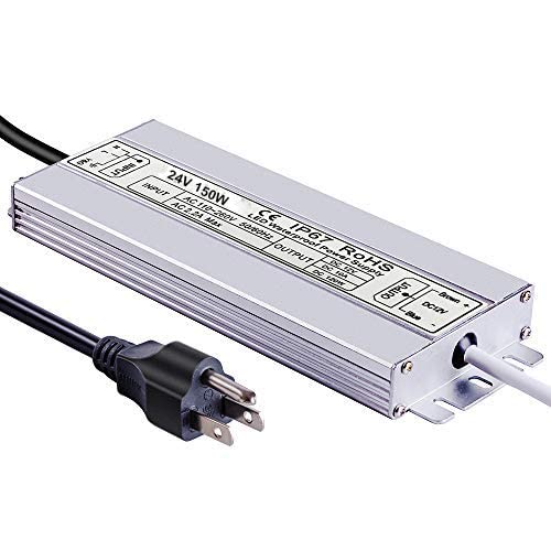 24V 150W LED Driver,Waterproof IP67 LED Power Supply Low Voltage Transformer Adapter,100V-260V AC to 24V DC Output for Any 24VDC LED Lighting