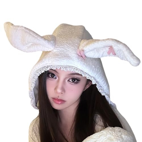 Furry Cartoon Head Covering with Ear for Girls Cartoon Rabbits with Lace Brim Oversized Headgear Hat Photo Props4