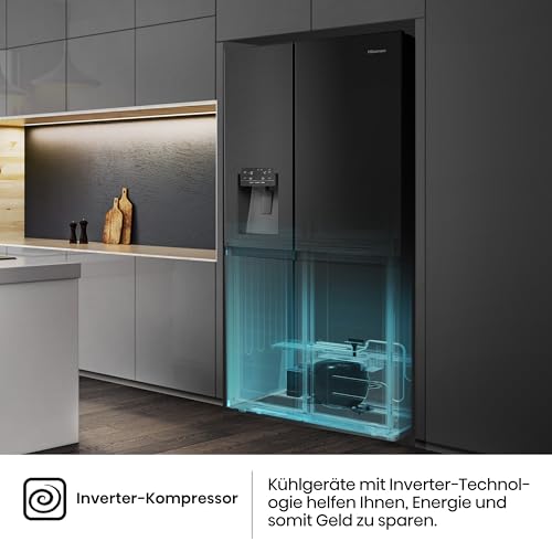 Hisense RS818N4TFE Side-by-Side Kühl-Gefrierkombination /179 cm/Inverter Kompressor/Total NoFrost/Multi Air Flow/Wasserspender mit Wassertank/Kühlteil 417 l/Gefrierteil 215 l/schwarz