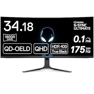 Alienware AW3423DW Curved Gaming Monitor 34.18 inch Quantom Dot-OLED 1800R Display, 3440×1440 Pixels at 175Hz, True 0.1ms Gray-to-Gray, 1M:1 Contrast Ratio, 1.07 Billions Colors – Lunar Light