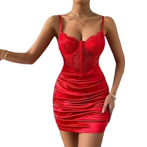 Frauen Satin Slip Kurzes Kleid Sexy V-Ausschnitt Spitze Splitzen Unterwäsche verstellbare Spaghetti-Armband Bodycon Mini Rock (DE/NL/SE/PL,...