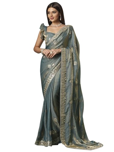 Image of SAREE MALL Women's Satin Silk Embroidered Saree With Unstitched Blouse (KRIYNS4001 KH Parent)