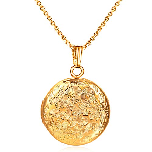 YOUFENG Locket Necklace That Holds Pictures Flower Lockets Necklaces Pendant 18K Gold Plated Gifts for Women Girl (Round Gold Locket)