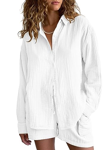 Famulily Freizeitanzug Damen Set Modern 2 Teiler Sommer Shorts und Bluse Strand Outfit Weiß XL