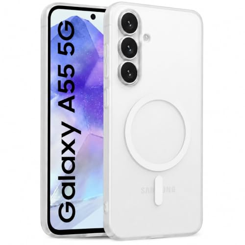 Image of DIZORO Matte Case for Samsung Galaxy A55 Compatible with MagSafe, Camera Lens Full Protection, Shockproof Translucent Frosted TPU Soft Phone Cover, Anti-Fingerprint (White)