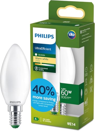 Philips LED UltraEfficient Bombilla Vela B35 E14, 60W equivalentes, Luz Blanca Cálida 2700K, 806lm, EyeComfort, Vida útil de 50.000 horas, Clase energética A, Efecto Mate, 1ud